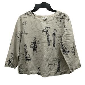 Hot Cotton Size S Petite Cream Linen Blend Tribal Art to Wear Top Linen & Cotton